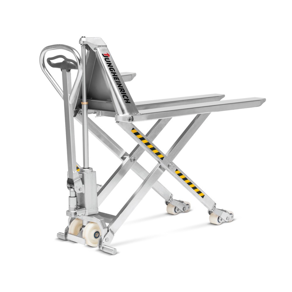 Product image: Jungheinrich AMX I15p stainless steel scissor lift pallet truck – professional version, load capacity 1,500 kg, polyurethane