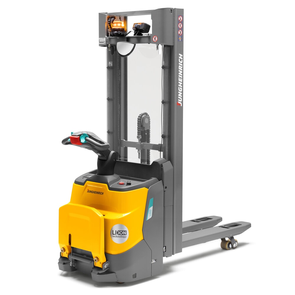 Product image: Jungheinrich electric high-lift stacker truck ERC 110zi ZT with platform, two-stage telescopic mast, lift height 2,300 mm, load capacity 1,000 kg, proportional hydraulics