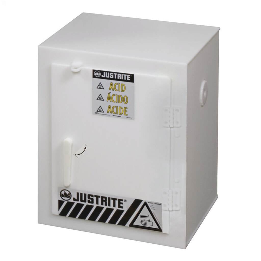 Justrite® PE-Chemikalienschrank, HxBxT 560 x 430 x 430 mm, ohne Fachboden, manuell schließend Produktabbildung: Justrite® PE-Chemikalienschrank, HxBxT 560 x 430 x 430 mm, ohne Fachboden, manuell schließend