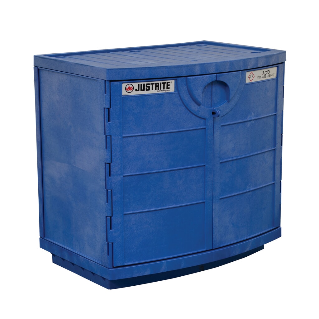 Produktabbildung: Justrite® PE-Chemikalienschrank für korrosive Chemikalien, HxBxT 900 x 910 x 640 mm, 1 Fachboden, manuell schließend