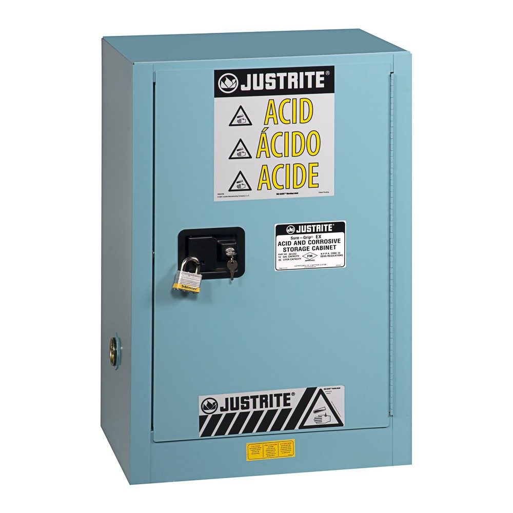 Product afbeelding: Justrite® brandveilige kluis Compac Sure-Grip® FM, voor etsmiddelen, hxbxd 890 x 590 x 460 mm, 1 legbord, zelfsluitend