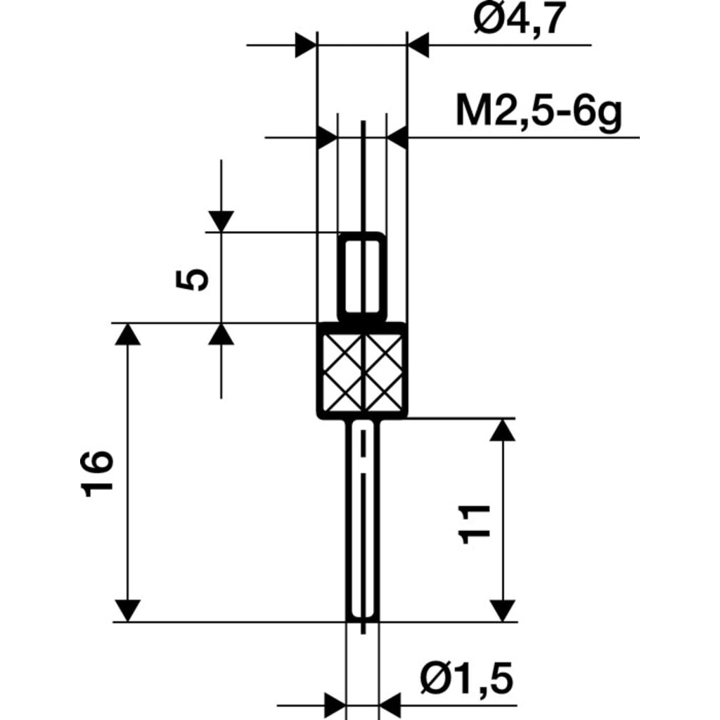 KÄFER Messeinsatz, M2,5 Stahl, Ø 1,5 mm Länge 50 mm Stift, passend zu Messuhren Produktabbildung: KÄFER Messeinsatz, M2,5 Stahl, Ø 1,5 mm Länge 50 mm Stift, passend zu Messuhren