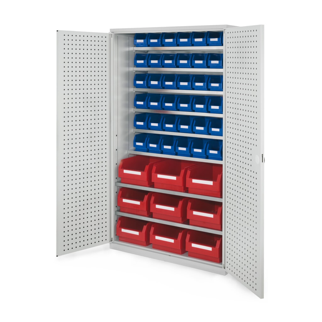 Kappes Magazinschrank mit Fachböden, HxBxT 1.950 x 1.130 x 590 mm, 8 Stück, RasterPlan Lochplattentür, 51 Lagersichtkästen, lichtgrau Produktabbildung: Kappes Magazinschrank mit Fachböden, HxBxT 1.950 x 1.130 x 590 mm, 8 Stück, RasterPlan Lochplattentür, 51 Lagersichtkästen, lichtgrau