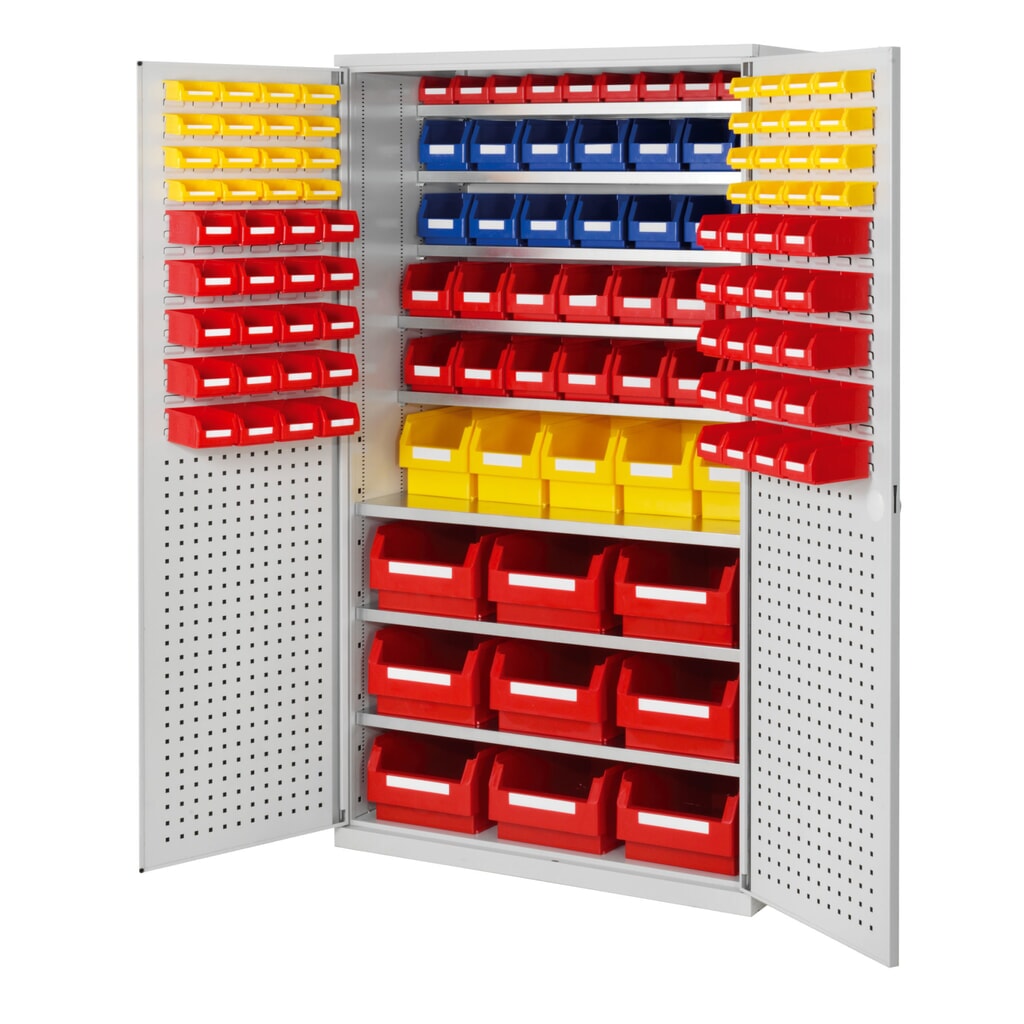 Produktabbildung: Kappes Magazinschrank mit Fachböden, HxBxT 1.950 x 1.130 x 590 mm, 8 Stück, RasterPlan Loch-/Schlitzplattentür, 124 Lagersichtkästen, lichtgrau