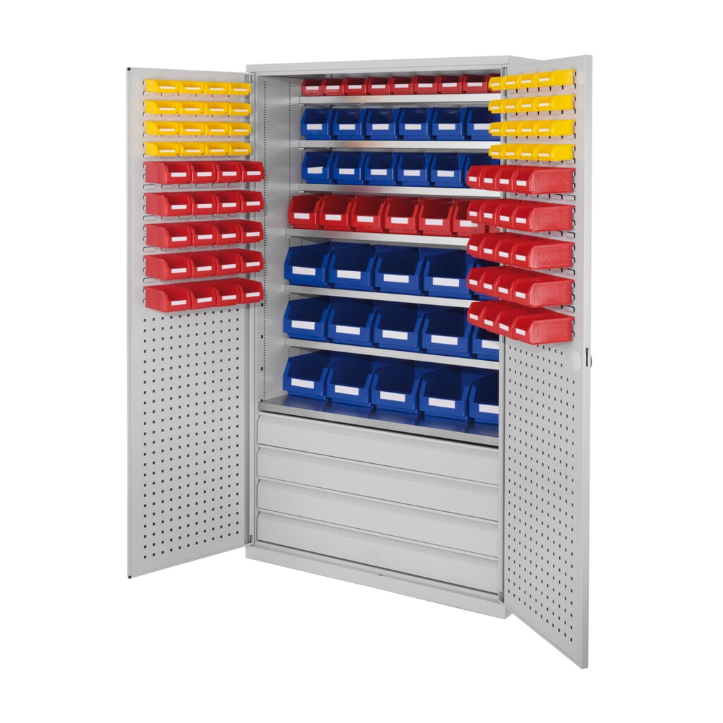 Kappes Magazinschrank mit Schubladen, 1.950 x 1.130 x 590 mm, 7 Böden, 4 Schubladen, 118 Lagersichtkästen, RasterPlan Loch-/Schlitzplattentür, lichtgrau Produktabbildung: Kappes Magazinschrank mit Schubladen, 1.950 x 1.130 x 590 mm, 7 Böden, 4 Schubladen, 118 Lagersichtkästen, RasterPlan Loch-/Schlitzplattentür, lichtgrau