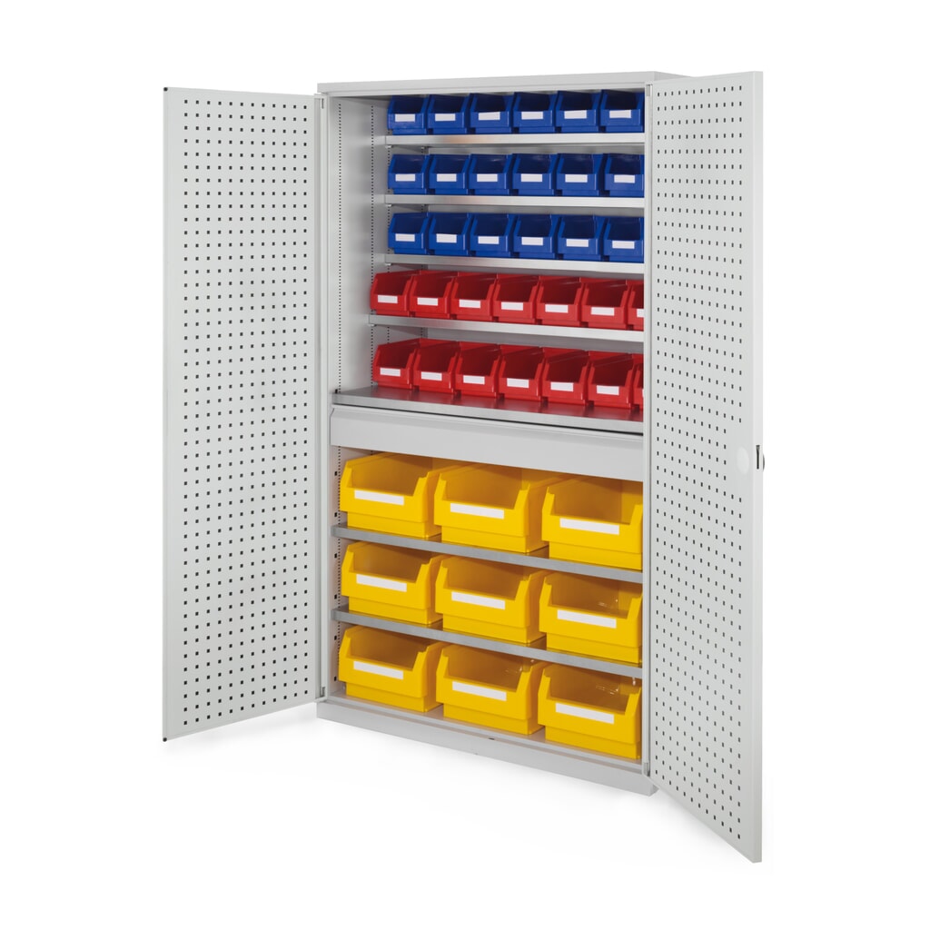 Kappes Magazinschrank mit Schubladen, 1.950 x 1.130 x 590 mm, 7 Böden, 1 Schublade, 44 Lagersichtkästen, RasterPlan Lochplattentür, lichtgrau Produktabbildung: Kappes Magazinschrank mit Schubladen, 1.950 x 1.130 x 590 mm, 7 Böden, 1 Schublade, 44 Lagersichtkästen, RasterPlan Lochplattentür, lichtgrau