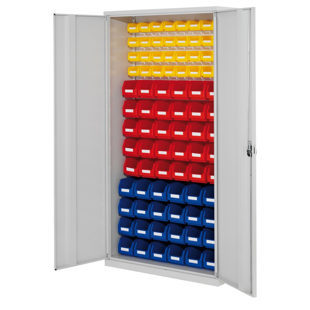 Produktabbildung: Kappes ®RasterPlan Magazinschrank, HxBxT 1.950 x 1.000 x 410 mm, mit Lagersichtkasten, 86 Stück,  Vollblechtüren, lichtgrau