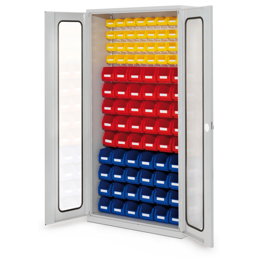 Produktabbildung: Kappes ®RasterPlan Magazinschrank, HxBxT 1.950 x 1.000 x 410 mm, mit Lagersichtkasten, 86 Stück, Sichtfenstertüren, lichtgrau