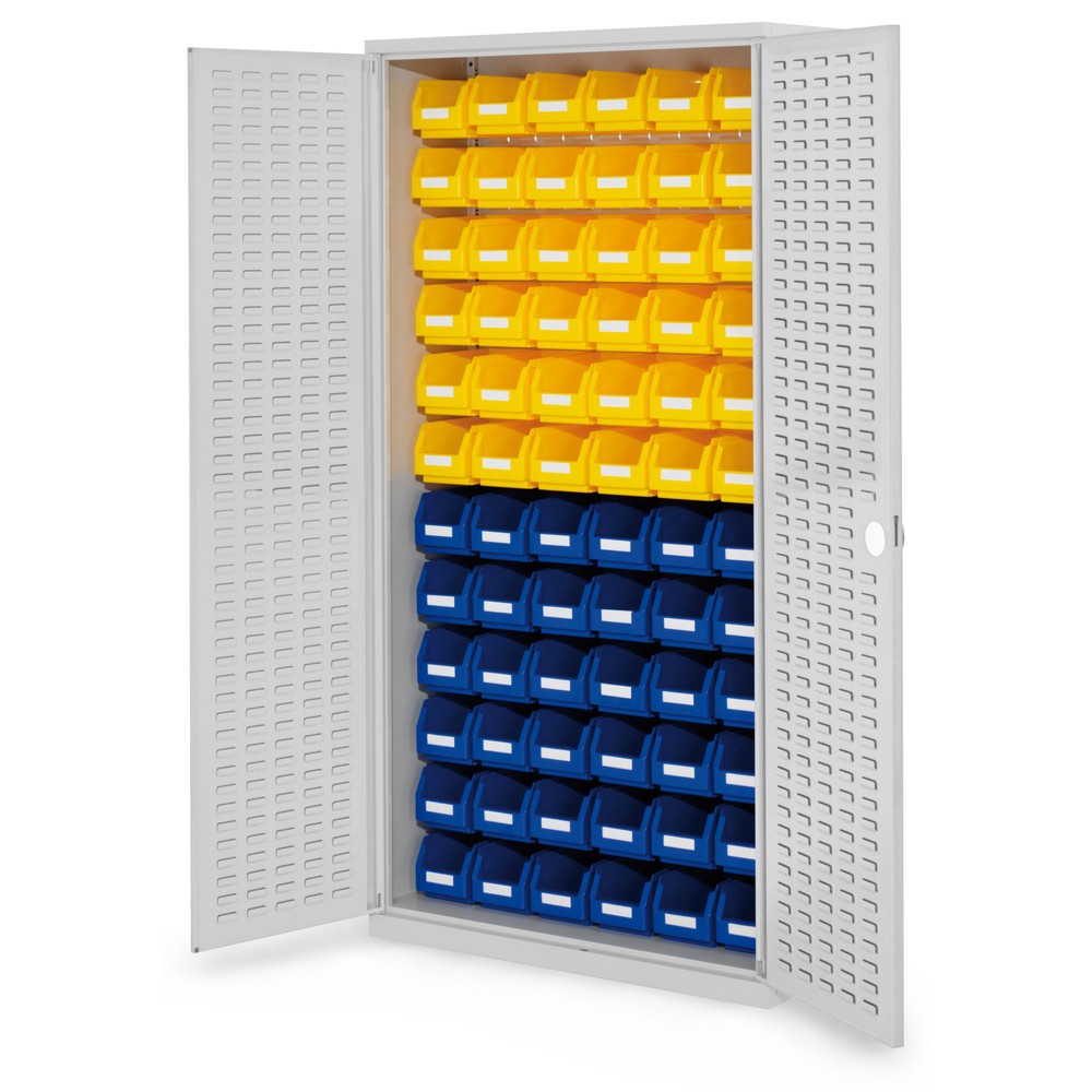 Produktabbildung: Kappes ®RasterPlan Magazinschrank, HxBxT 1.950 x 1.000 x 410 mm, mit Lagersichtkasten, 72 Stück (HxBxT 130 x 140 x 290 mm), Schlitzplattentüren, lichtgrau