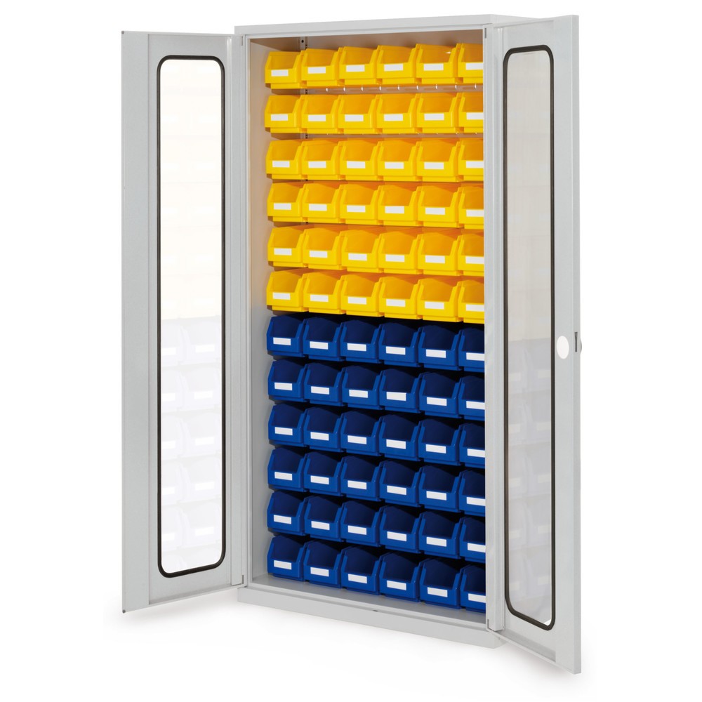 Produktabbildung: Kappes ®RasterPlan Magazinschrank, HxBxT 1.950 x 1.000 x 410 mm, mit Lagersichtkasten, 72 Stück (HxBxT 130 x 140 x 290 mm), Sichtfenstertüren, lichtgrau