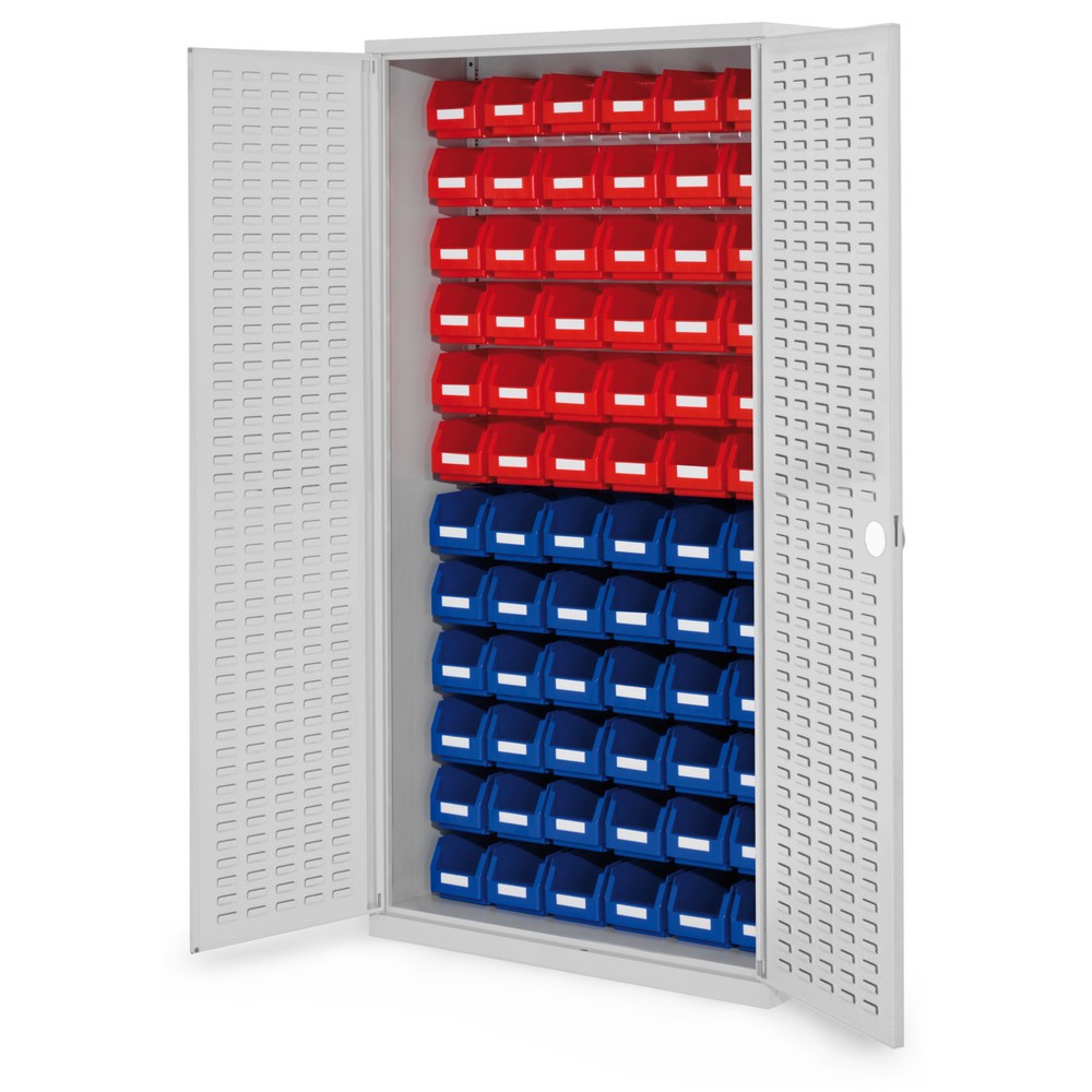 Produktabbildung: Kappes ®RasterPlan Magazinschrank, HxBxT 1.950 x 1.000 x 410 mm,  mit Lagersichtkasten, 72 Stück (HxBxT 130 x 140 x 230 mm), Schlitzplattentüren, lichtgrau