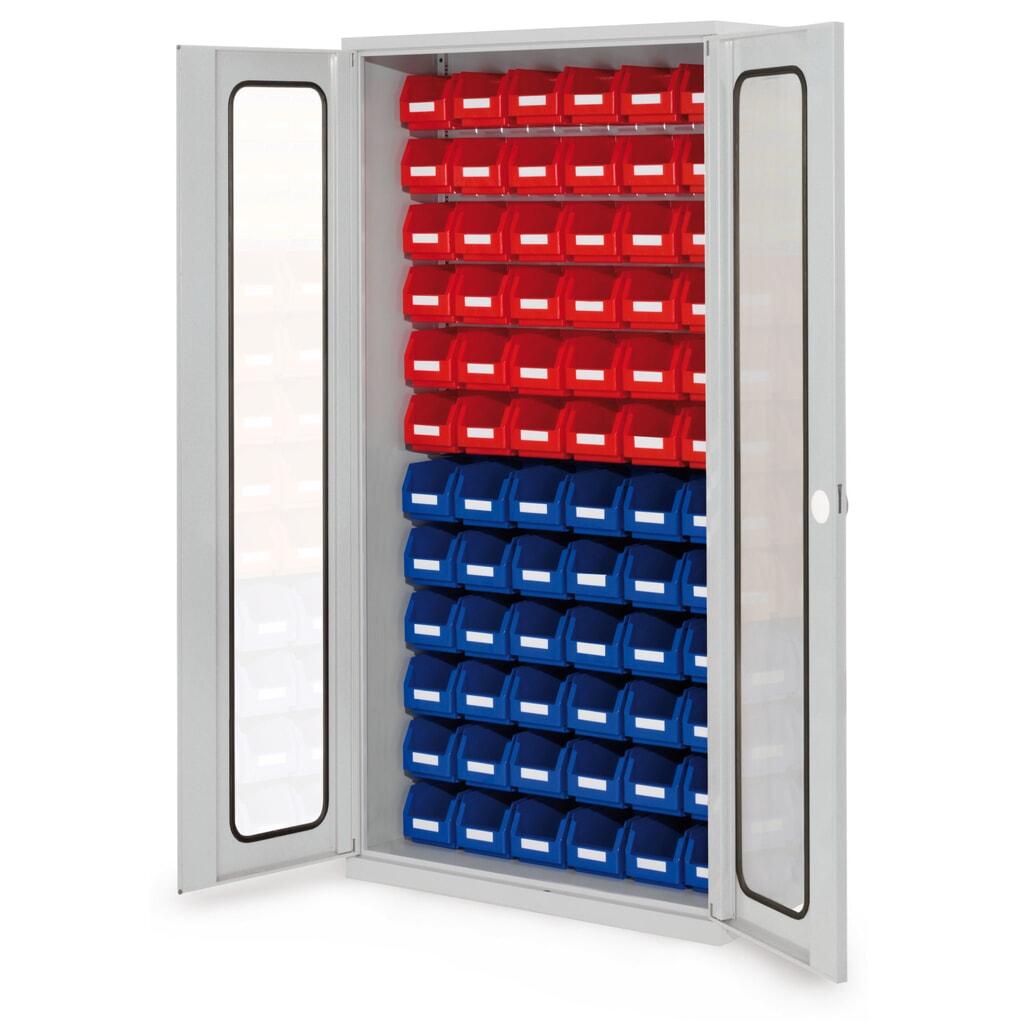 Produktabbildung Nr. 1: Kappes RasterPlan Magazinschrank, HxBxT 1.950 x 1.000 x 410 mm, mit Lagersichtkasten, 72 Stück (HxBxT 130 x 140 x 230 mm), Sichtfenstertüren, lichtgrau
