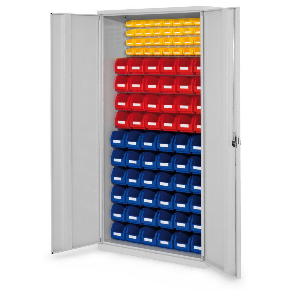 Produktabbildung: Kappes ®RasterPlan Magazinschrank, HxBxT 1.950 x 1.000 x 410 mm, mit Lagersichtkasten, 92 Stück, Vollblechtüren, lichtgrau