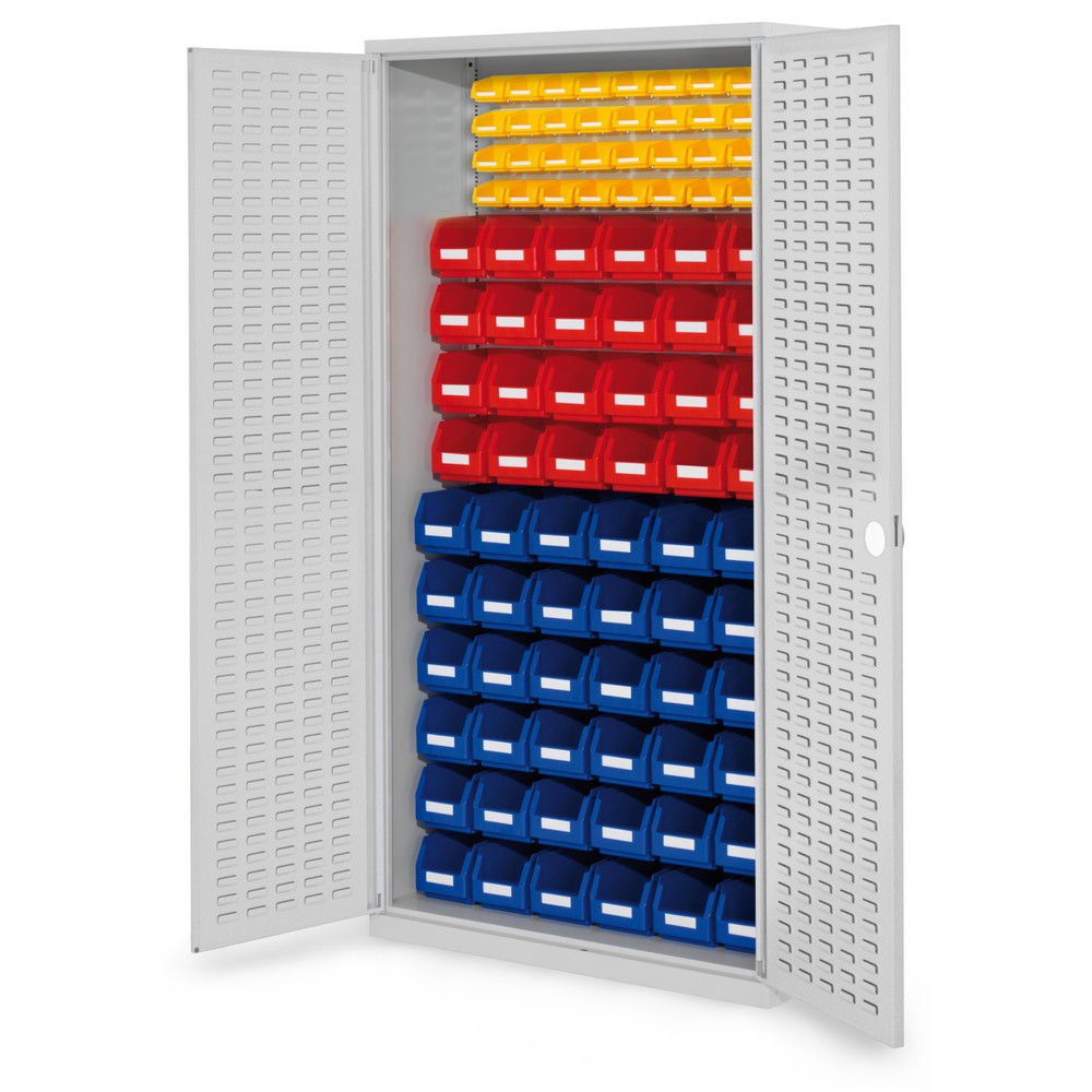 Produktabbildung: Kappes ®RasterPlan Magazinschrank, HxBxT 1.950 x 1.000 x 410 mm, mit Lagersichtkasten, 92 Stück, Schlitzplattentüren, lichtgrau
