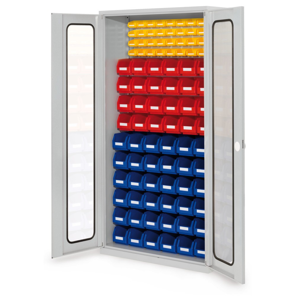 Produktabbildung: Kappes ®RasterPlan Magazinschrank, HxBxT 1.950 x 1.000 x 410 mm, mit Lagersichtkasten, 92 Stück, Sichtfenstertüren, lichtgrau