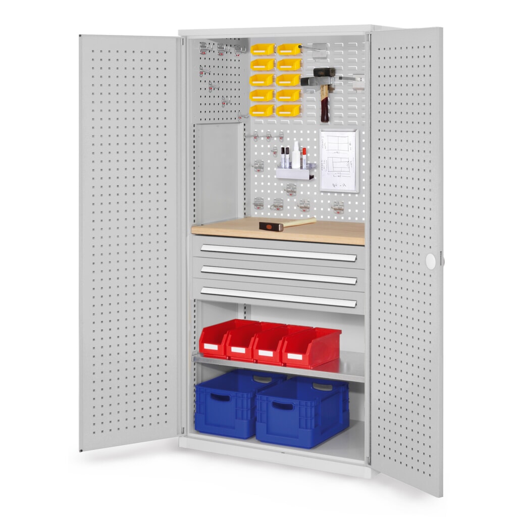 Produktabbildung: Kappes RasterPlan Schubladenschrank mit Werkbankplatte Multiplex, HxBxT 1.950 x 1.000 x 600 mm, 1 Fachboden, 3 Schubladen, Türinnenseite: Lochplatten, lichtgrau
