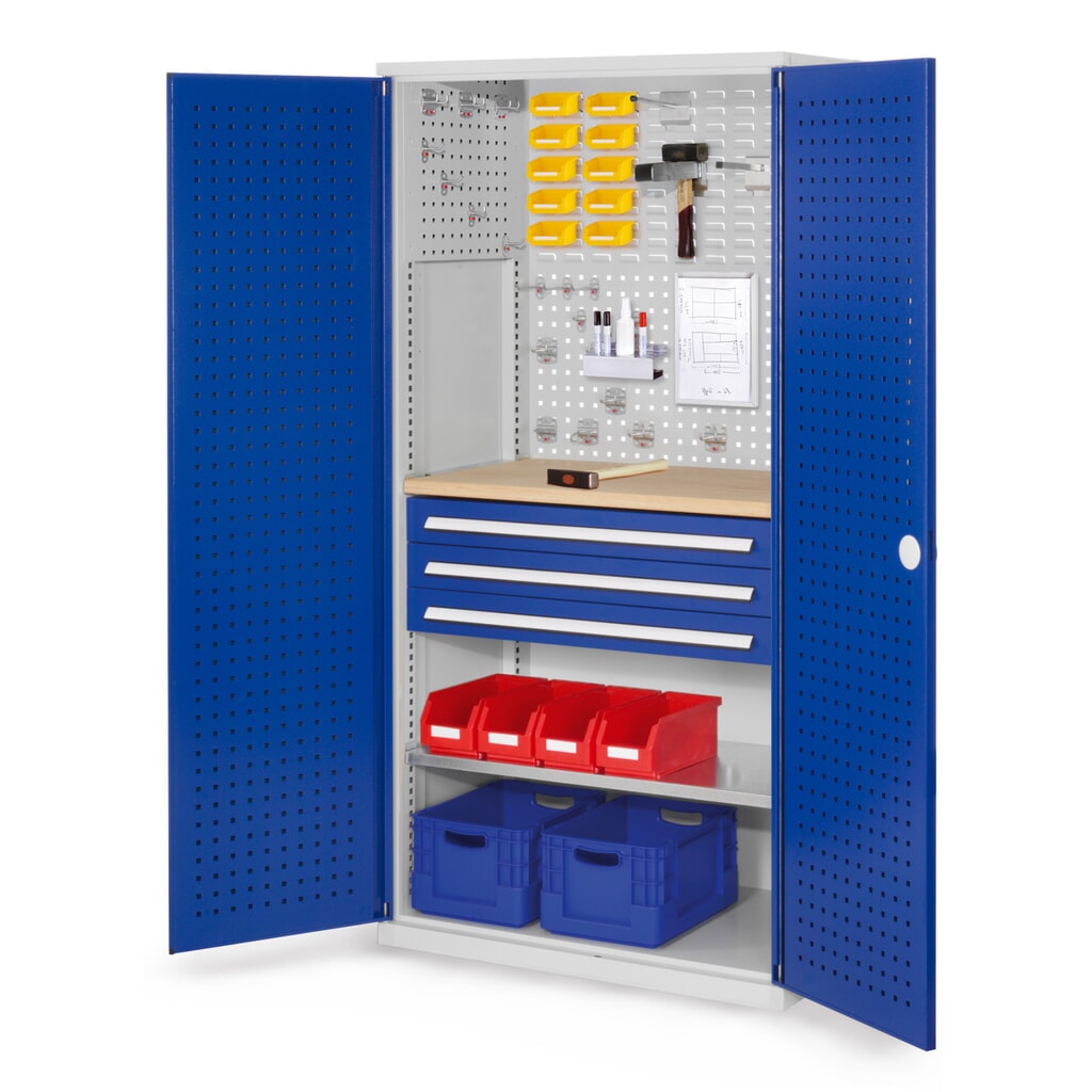 Produktabbildung: Kappes RasterPlan Schubladenschrank mit Werkbankplatte Multiplex, HxBxT 1.950 x 1.000 x 600 mm, 1 Fachboden, 3 Schubladen, Türinnenseite: Lochplatten, lichtgrau, enzianblau