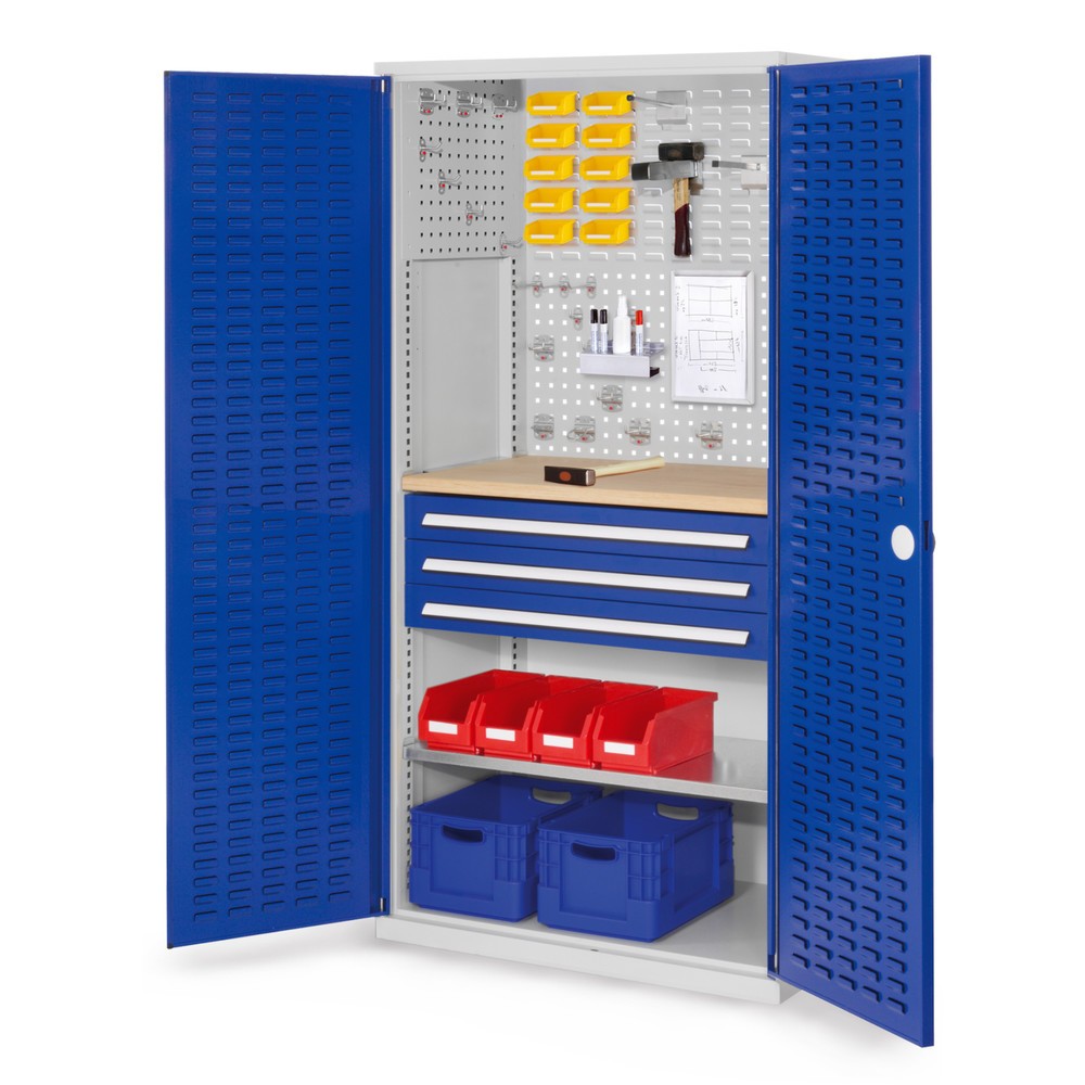 Produktabbildung: Kappes ®RasterPlan Schubladenschrank mit Werkbankplatte Multiplex, HxBxT 1.950 x 1.000 x 600 mm, 1 Fachboden, 3 Schubladen, Türinnenseite: Schlitzplatten, lichtgrau, enzianblau