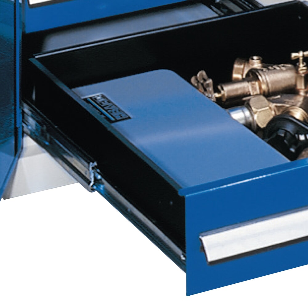 Produktabbildung Nr. 3: Kappes ®RasterPlan Schubladenschrank mit Werkbankplatte Multiplex, HxBxT 1.950 x 1.000 x 600 mm, 1 Fachboden, 3 Schubladen, Türinnenseite: Schlitzplatten, lichtgrau, enzianblau