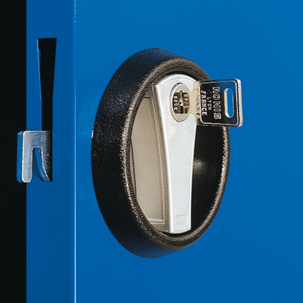 Produktabbildung Nr. 9: Kappes ®RasterPlan Schubladenschrank mit Werkbankplatte Multiplex, HxBxT 1.950 x 1.000 x 600 mm, 1 Fachboden, 3 Schubladen, Türinnenseite: Schlitzplatten, lichtgrau, enzianblau