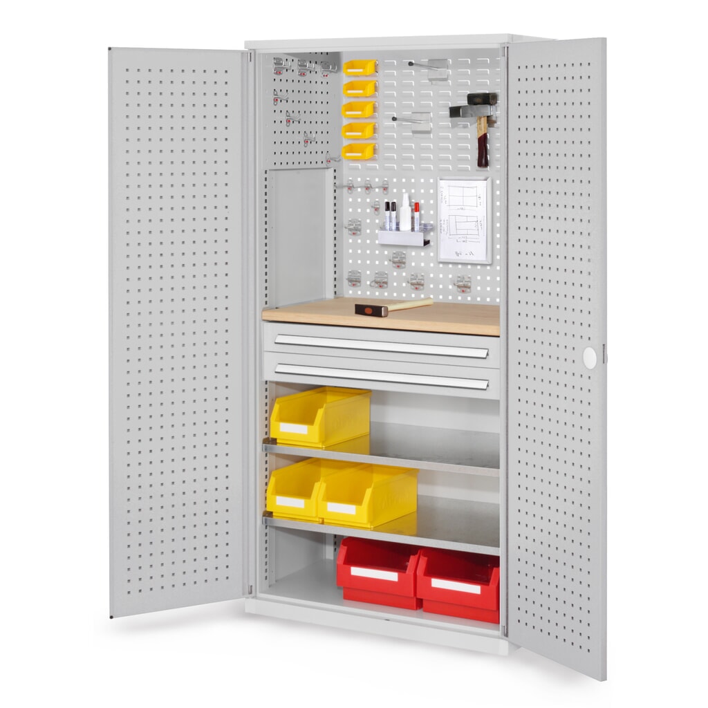 Produktabbildung: Kappes RasterPlan Schubladenschrank mit Werkbankplatte Multiplex, HxBxT 1.950 x 1.000 x 600 mm, 2 Fachböden, 2 Schubladen, Türinnenseite: Lochplatten, lichtgrau