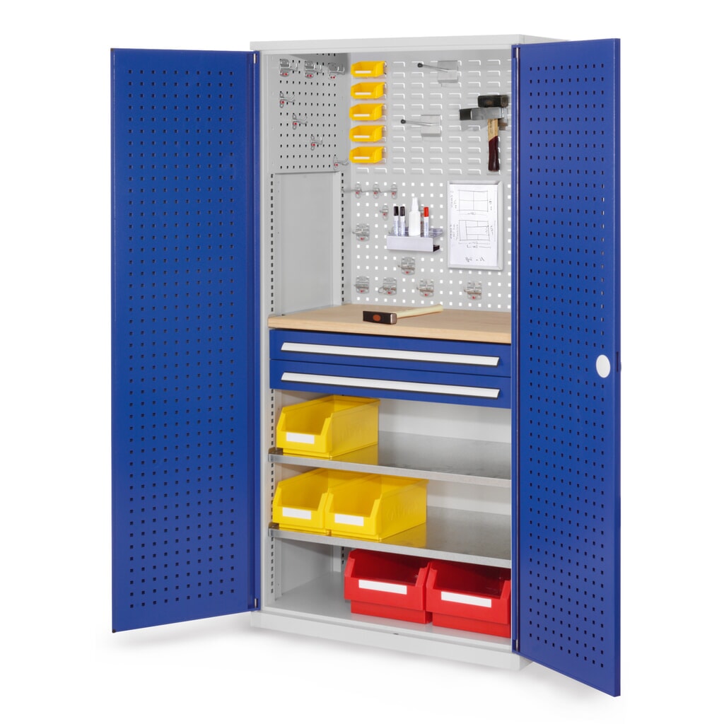 Produktabbildung: Kappes RasterPlan Schubladenschrank mit Werkbankplatte Multiplex, HxBxT 1.950 x 1.000 x 600 mm, 2 Fachböden, 2 Schubladen, Türinnenseite: Lochplatten, lichtgrau, enzianblau