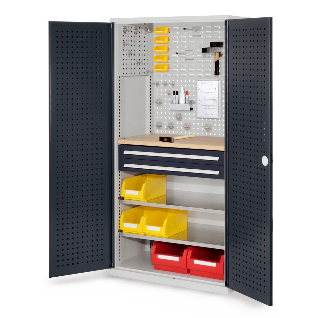 Produktabbildung: Kappes RasterPlan Schubladenschrank mit Werkbankplatte Multiplex, HxBxT 1.950 x 1.000 x 600 mm, 2 Fachböden, 2 Schubladen, Türinnenseite: Lochplatten, lichtgrau, anthrazitgrau