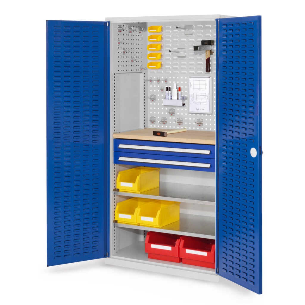 Produktabbildung Nr. 1: Kappes RasterPlan Schubladenschrank mit Werkbankplatte Multiplex, HxBxT 1.950 x 1.000 x 600 mm, 2 Fachböden, 2 Schubladen, Türinnenseite: Schlitzplatten, lichtgrau, enzianblau