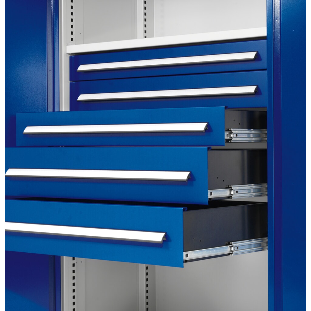 Produktabbildung Nr. 2: Kappes RasterPlan Schubladenschrank mit Werkbankplatte Multiplex, HxBxT 1.950 x 1.000 x 600 mm, 2 Fachböden, 2 Schubladen, Türinnenseite: Schlitzplatten, lichtgrau, enzianblau
