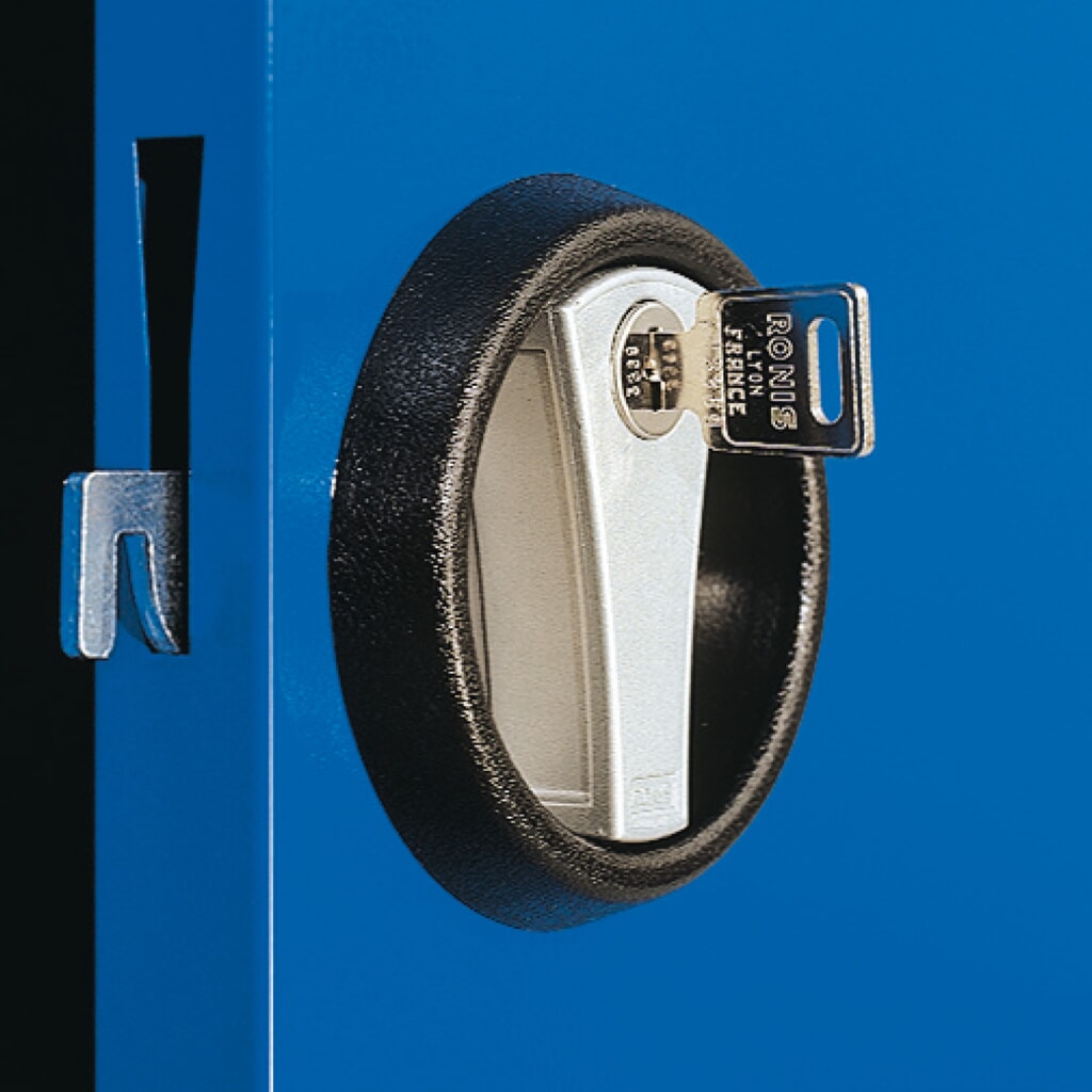Kappes RasterPlan Schubladenschrank mit Werkbankplatte Multiplex, HxBxT 1.950 x 1.000 x 600 mm, 2 Fachböden, 2 Schubladen, Türinnenseite: Schlitzplatten, lichtgrau, enzianblau Produktabbildung Nr. 8: Kappes RasterPlan Schubladenschrank mit Werkbankplatte Multiplex, HxBxT 1.950 x 1.000 x 600 mm, 2 Fachböden, 2 Schubladen, Türinnenseite: Schlitzplatten, lichtgrau, enzianblau
