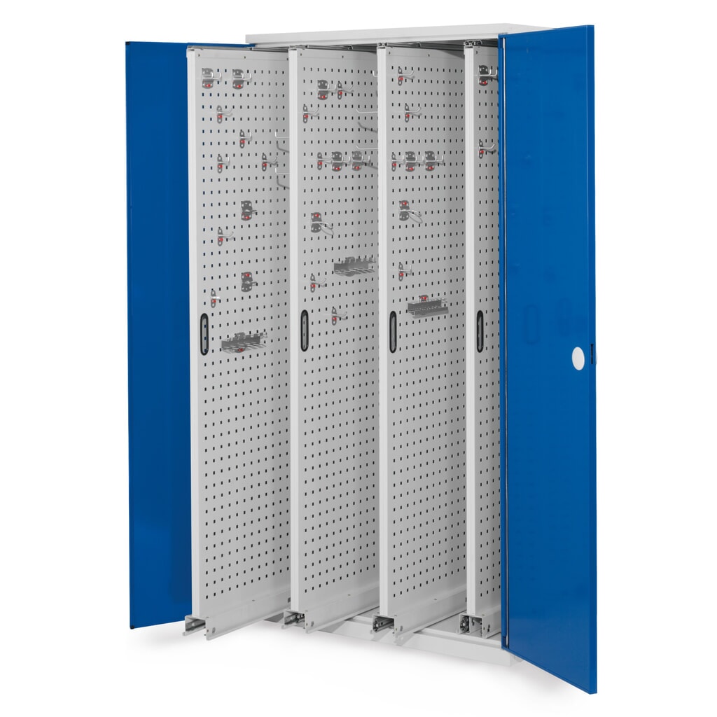 Kappes RasterPlan Vertikalschrank, HxBxT 1.950 x 1.000 x 600 mm, 4 Auszüge mit Lochplatten, Doppelwandtür, lichtgrau, enzianblau Produktabbildung Nr. 1: Kappes RasterPlan Vertikalschrank, HxBxT 1.950 x 1.000 x 600 mm, 4 Auszüge mit Lochplatten, Doppelwandtür, lichtgrau, enzianblau