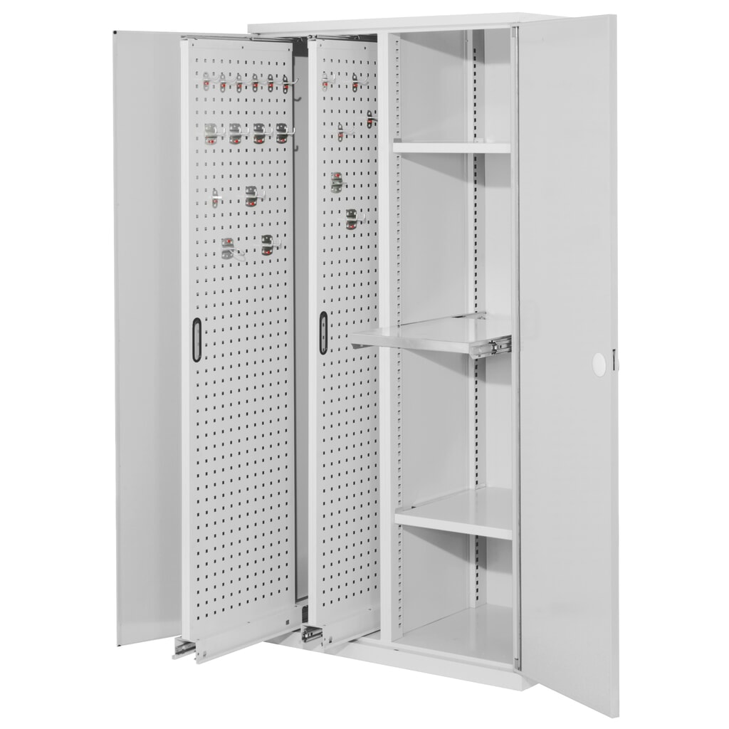 Produktabbildung: Kappes RasterPlan Vertikalschrank mit 2 Fachböden, HxBxT 1.950 x 1.000 x 600 mm, 2 Auszüge mit Lochplatten, Doppelwandtür, lichtgrau