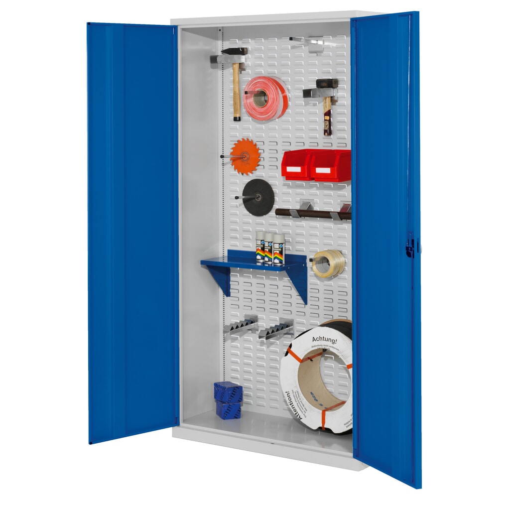 Kappes RasterPlan Werkstückschrank mit Schlitzplattenrückwand, HxBxT 1.950 x 1.000 x 410 mm, Vollblechtür, lichtgrau, enzianblau Produktabbildung: Kappes RasterPlan Werkstückschrank mit Schlitzplattenrückwand, HxBxT 1.950 x 1.000 x 410 mm, Vollblechtür, lichtgrau, enzianblau
