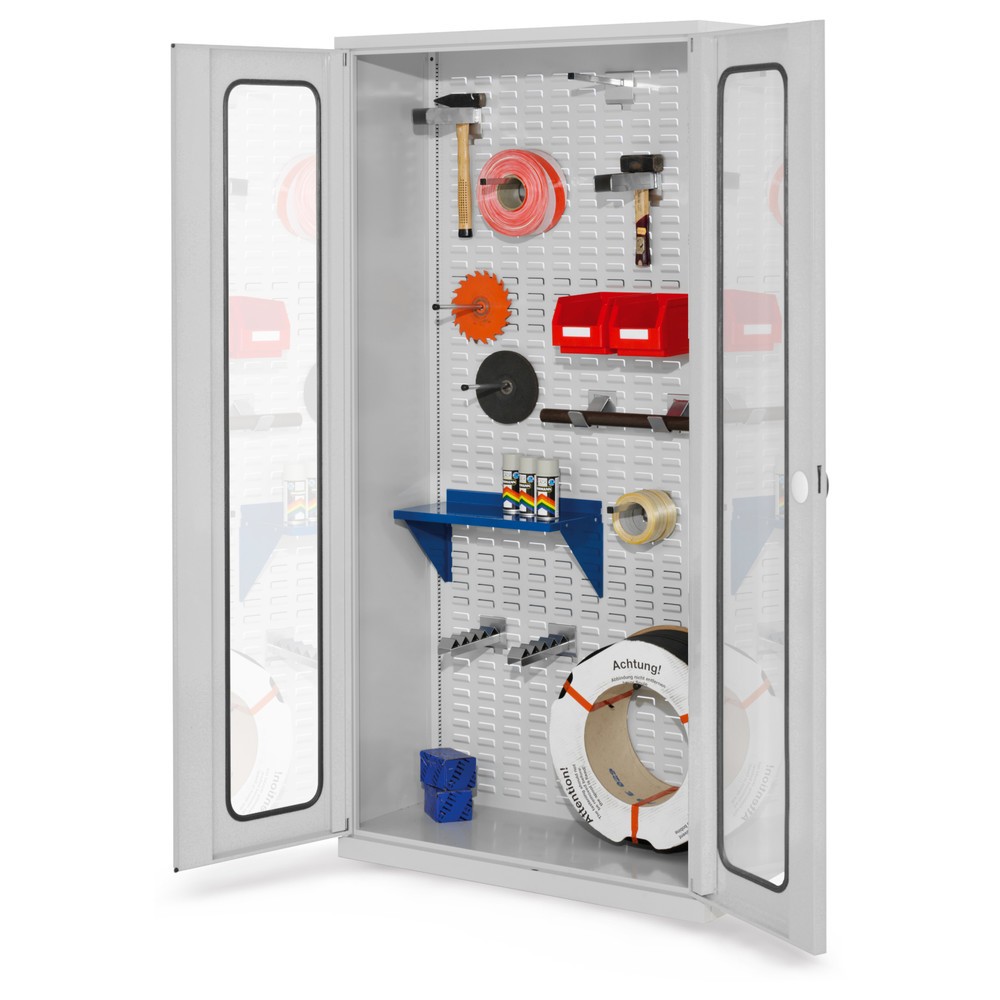 Produktabbildung: Kappes ®RasterPlan Werkstückschrank mit Schlitzplattenrückwand, HxBxT 1.950 x 1.000 x 410 mm, Sichtfenstertür, lichtgrau