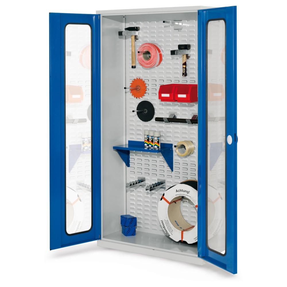 Produktabbildung: Kappes ®RasterPlan Werkstückschrank mit Schlitzplattenrückwand, HxBxT 1.950 x 1.000 x 410 mm, Sichtfenstertür, lichtgrau, enzianblau