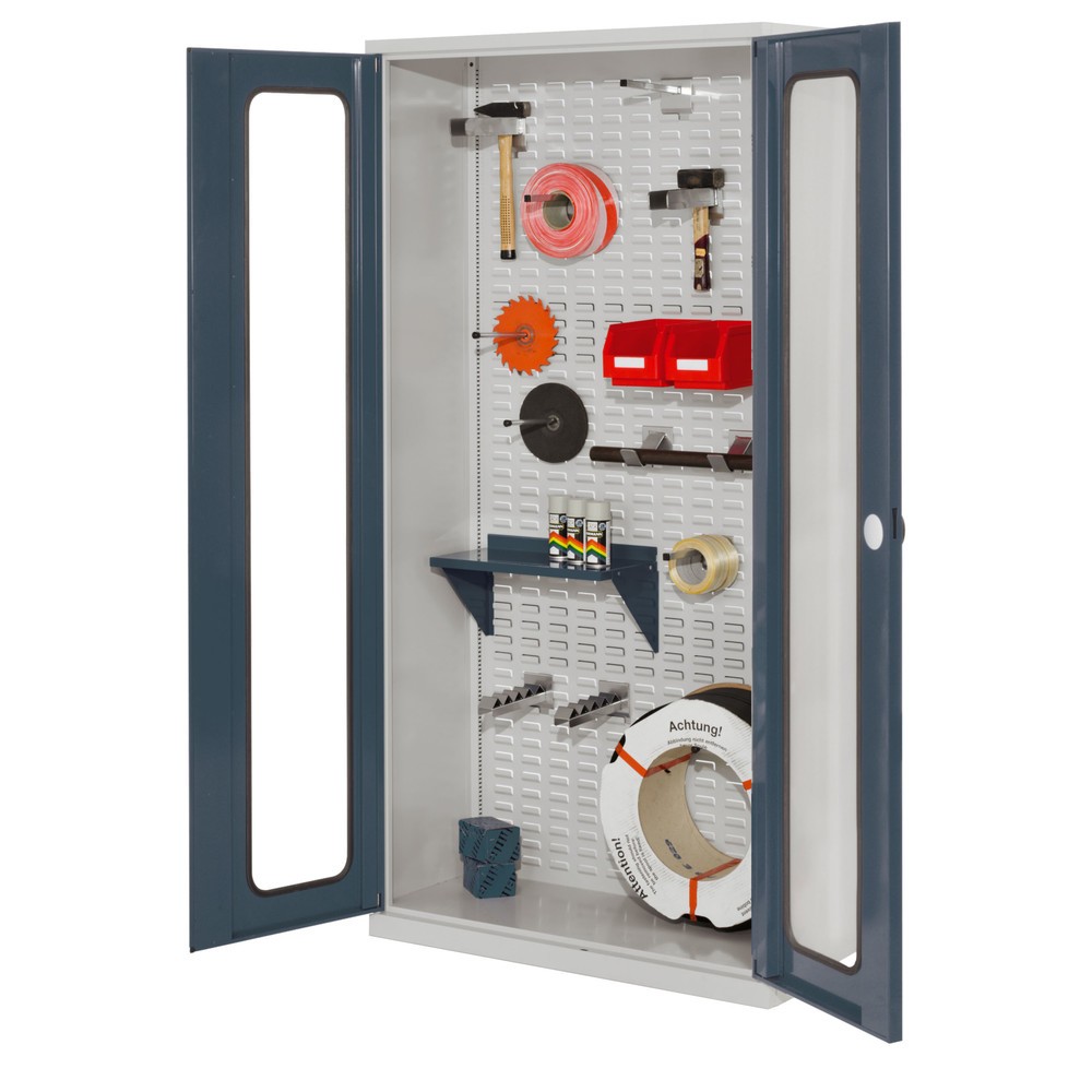 Produktabbildung: Kappes ®RasterPlan Werkstückschrank mit Schlitzplattenrückwand, HxBxT 1.950 x 1.000 x 410 mm, Sichtfenstertür, lichtgrau, anthrazitgrau