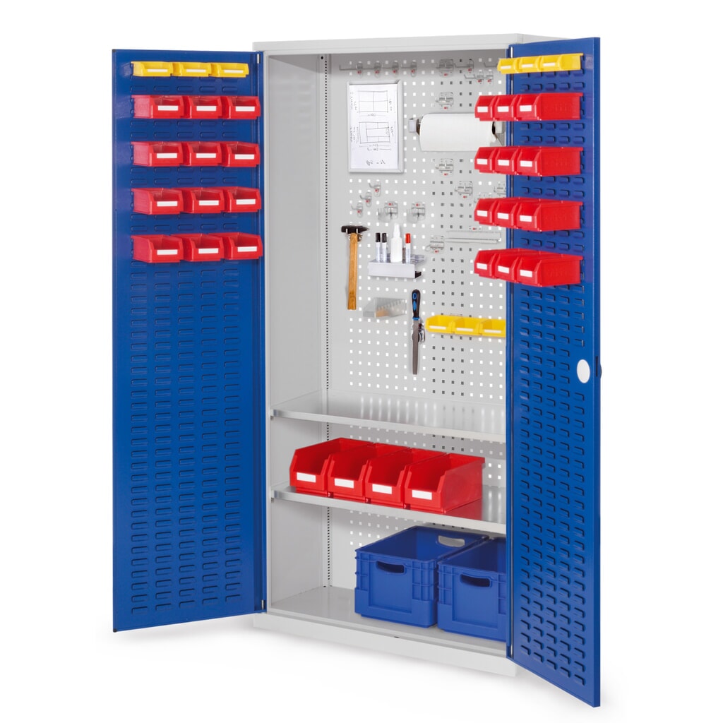 Produktabbildung: Kappes RasterPlan Werkzeugschrank, HxBxT 1.950 x 1.000 x 410 mm, 2 Fachböden, Türinnenseite Schlitzplatten, lichtgrau, enzianblau