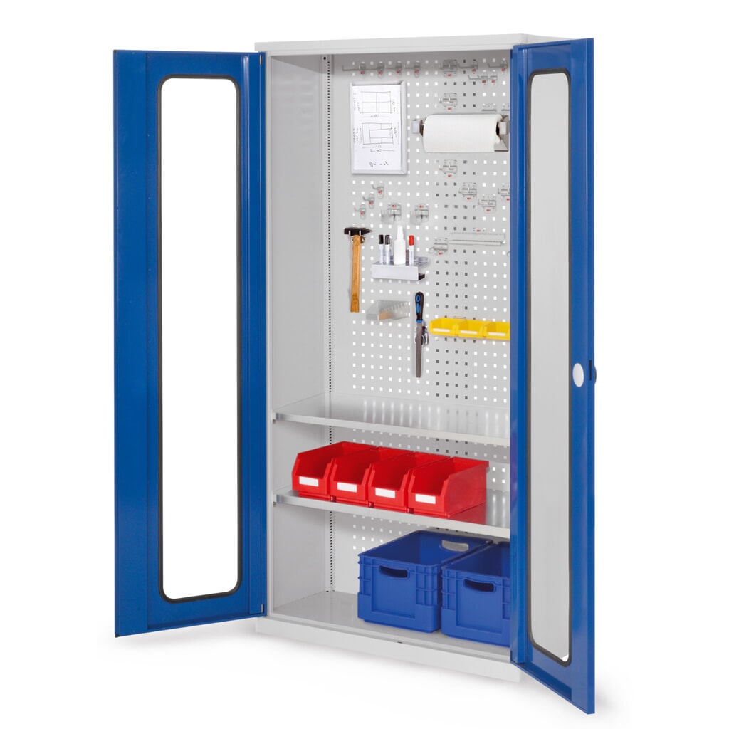 Kappes RasterPlan Werkzeugschrank, HxBxT 1.950 x 1.000 x 410 mm, 2 Fachböden, Sichtfenstertür, lichtgrau, enzianblau Produktabbildung: Kappes RasterPlan Werkzeugschrank, HxBxT 1.950 x 1.000 x 410 mm, 2 Fachböden, Sichtfenstertür, lichtgrau, enzianblau