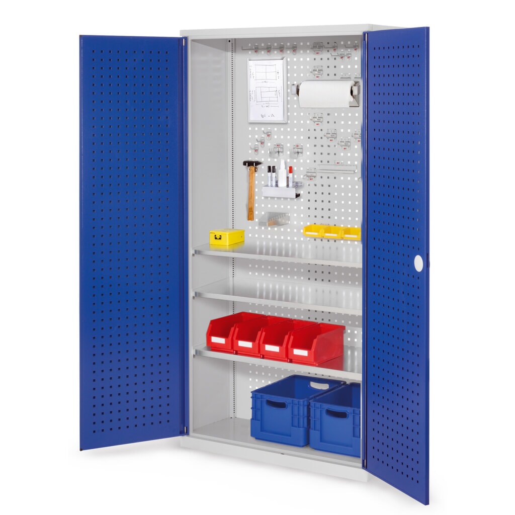 Kappes RasterPlan Magazinschrank, HxBxT 1.950 x 1.000 x 410 mm, 3 Fachböden, Türinnenseite Lochplatten, lichtgrau, enzianblau Produktabbildung: Kappes RasterPlan Magazinschrank, HxBxT 1.950 x 1.000 x 410 mm, 3 Fachböden, Türinnenseite Lochplatten, lichtgrau, enzianblau