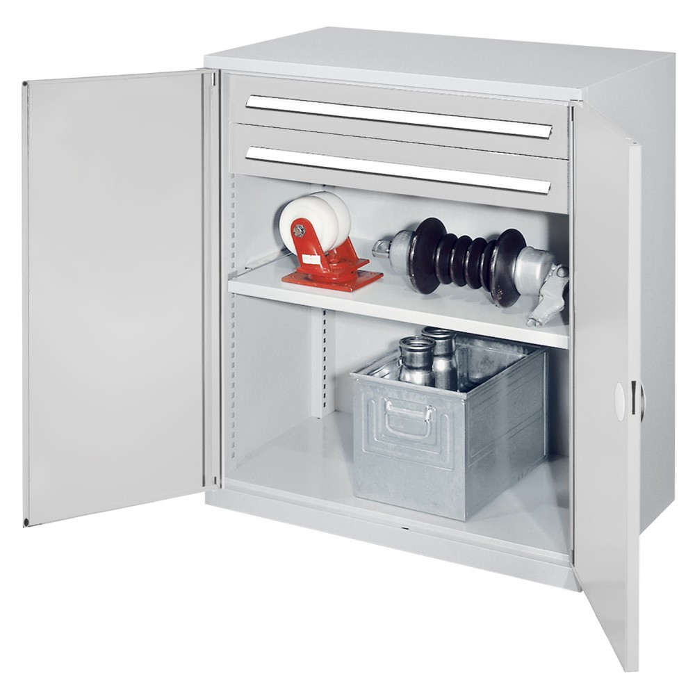 Produktabbildung: Kappes Schwerlast-Beistellschrank mit Schubladen, Doppelwandtür, HxBxT 1.110 x 1.000 x 600 mm, 1 Boden, 2 Schubladen (H 100 mm), lichtgrau