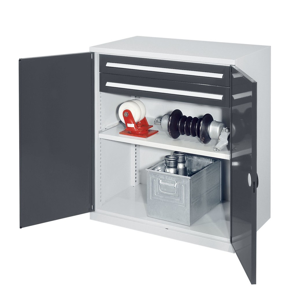 Produktabbildung: Kappes Schwerlast-Beistellschrank mit Schubladen, Doppelwandtür, HxBxT 1.110 x 1.000 x 600 mm, 1 Boden, 2 Schubladen (H 100 mm), lichtgrau, anthrazitgrau
