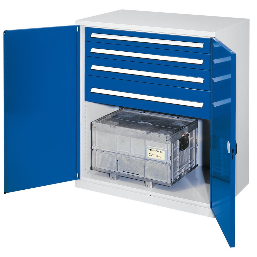 Produktabbildung Nr. 1: Kappes Schwerlast-Beistellschrank mit Schubladen, Doppelwandtür, HxBxT 1.110 x 1.000 x 600 mm, 4 Schubladen (H 2 x 100 mm, 1 x 125 mm, 1 x 175 mm), lichtgrau, enzianblau