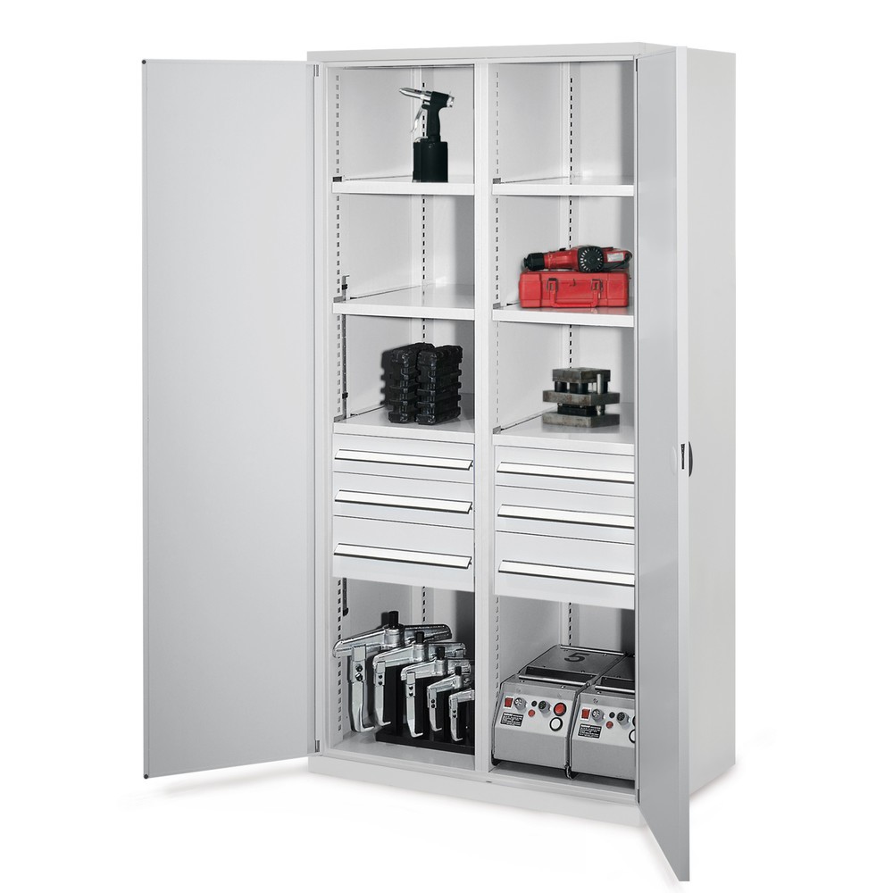 Produktabbildung: Kappes Schwerlastschrank mit Mitteltrennwand, 6 Böden, HxBxT 1.950 x 1.000 x 600 mm, 6 Schubladen, Doppelwandtür, lichtgrau