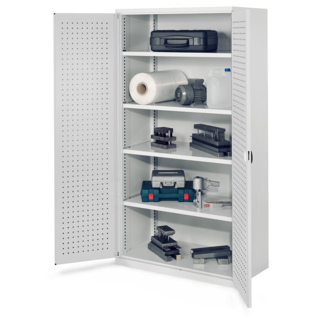Produktabbildung: Kappes Schwerlastschrank ohne Mitteltrennwand, HxBxT 1.950 x 1.000 x 600 mm, Türinnenseite mit RasterPlan Lochplatten, 4 Böden, lichtgrau