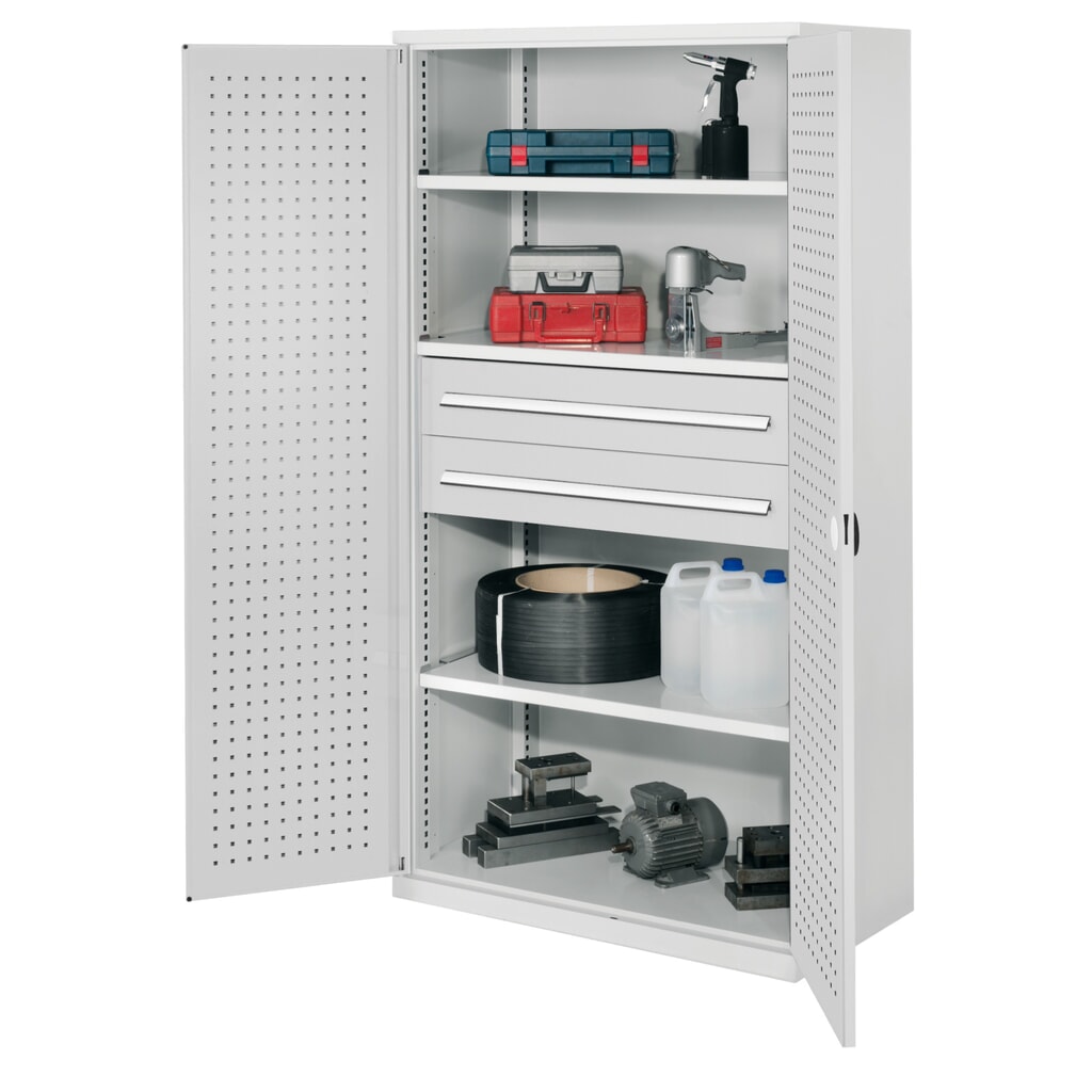 Kappes Schwerlastschrank ohne Mitteltrennwand, HxBxT 1.950 x 1.000 x 600 mm, RasterPlan Lochplattentür, 3 Böden, 2 Schubladen, lichtgrau Produktabbildung: Kappes Schwerlastschrank ohne Mitteltrennwand, HxBxT 1.950 x 1.000 x 600 mm, RasterPlan Lochplattentür, 3 Böden, 2 Schubladen, lichtgrau
