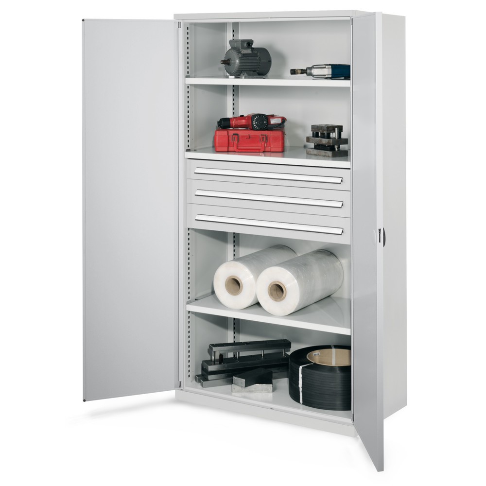 Produktabbildung: Kappes Schwerlastschrank ohne Mitteltrennwand, HxBxT 1.950 x 1.000 x 600 mm, Doppelwandtür, 3 Böden, 3 Schubladen, lichtgrau