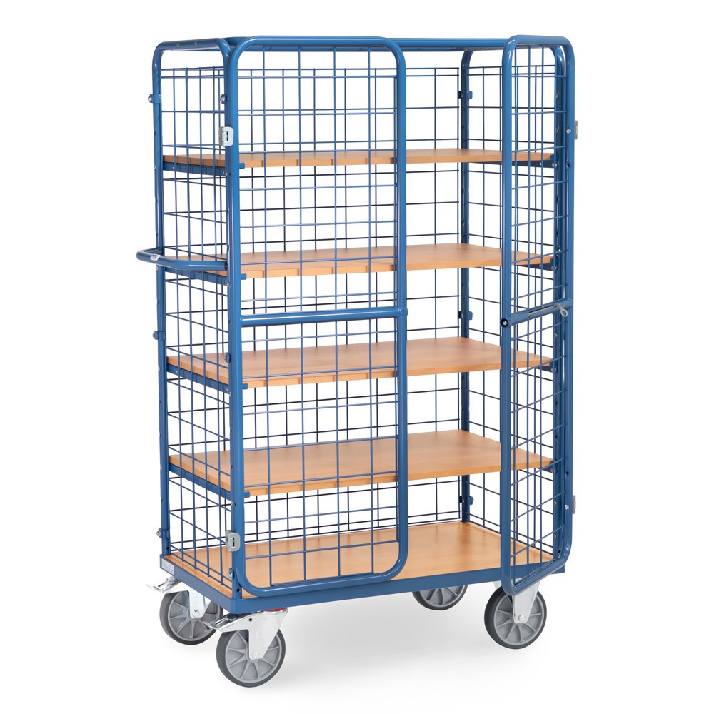 Product afbeelding: Kastwagen fetra®, draagvermogen 600 kg, gaaswanden, met dubbele draaideur, 5 etages van 1.000 x 600 mm