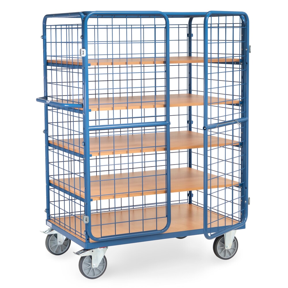 Product afbeelding: Kastwagen fetra®, draagvermogen 600 kg, gaaswanden, met dubbele draaideur, 5 etages van 1.200 x 800 mm