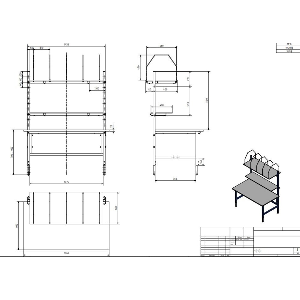 N° de l'image du produit 7 : DAHMEN Table d’emballage Classic réglable manuellement en hauteur, simple face, Kit complet, H x l x P 700-950 x 1 600 x 900 mm