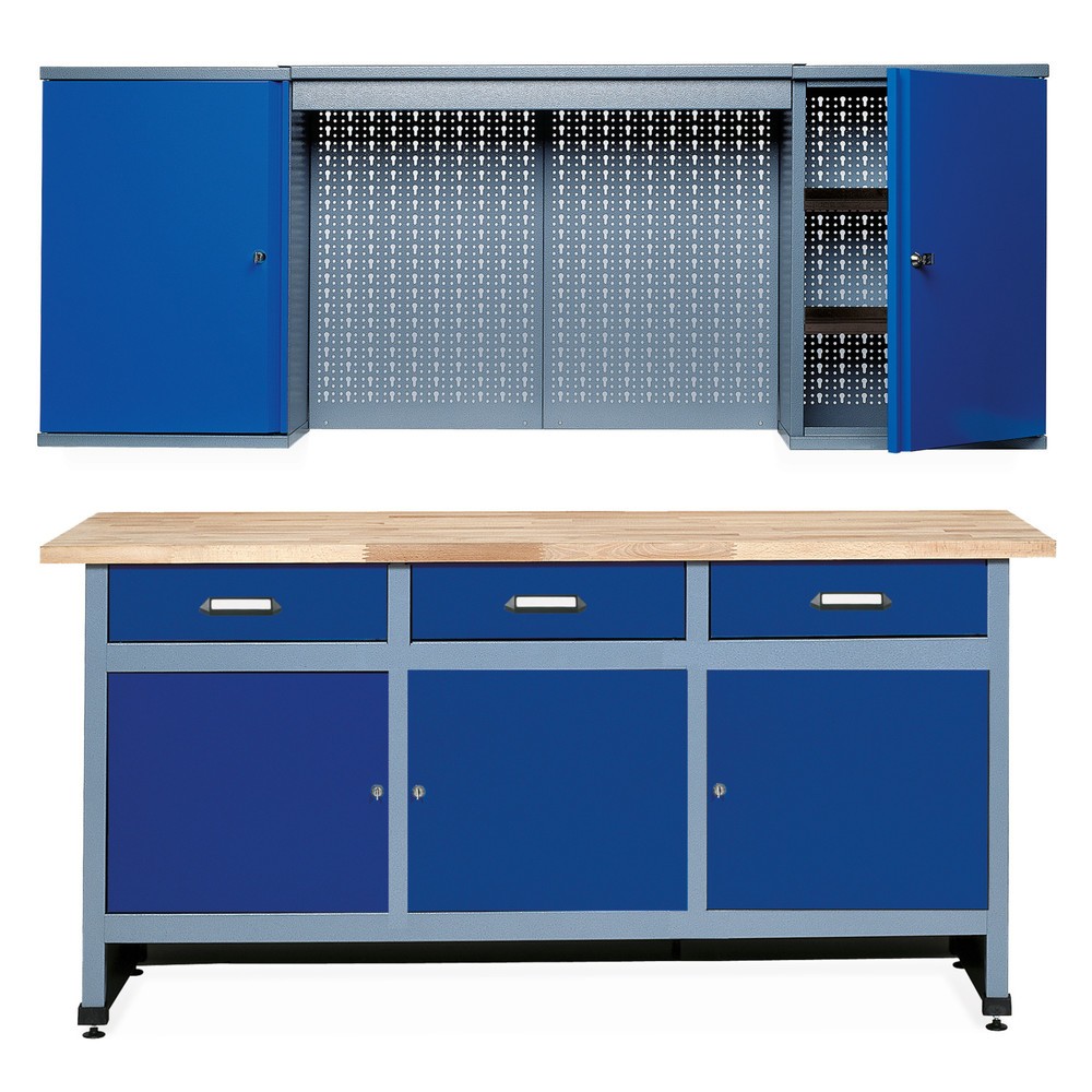 Illustration du produit: Kit d’atelier Elm 2 pièces, armoire suspendue + établi, largeur 1 700 mm, rouge